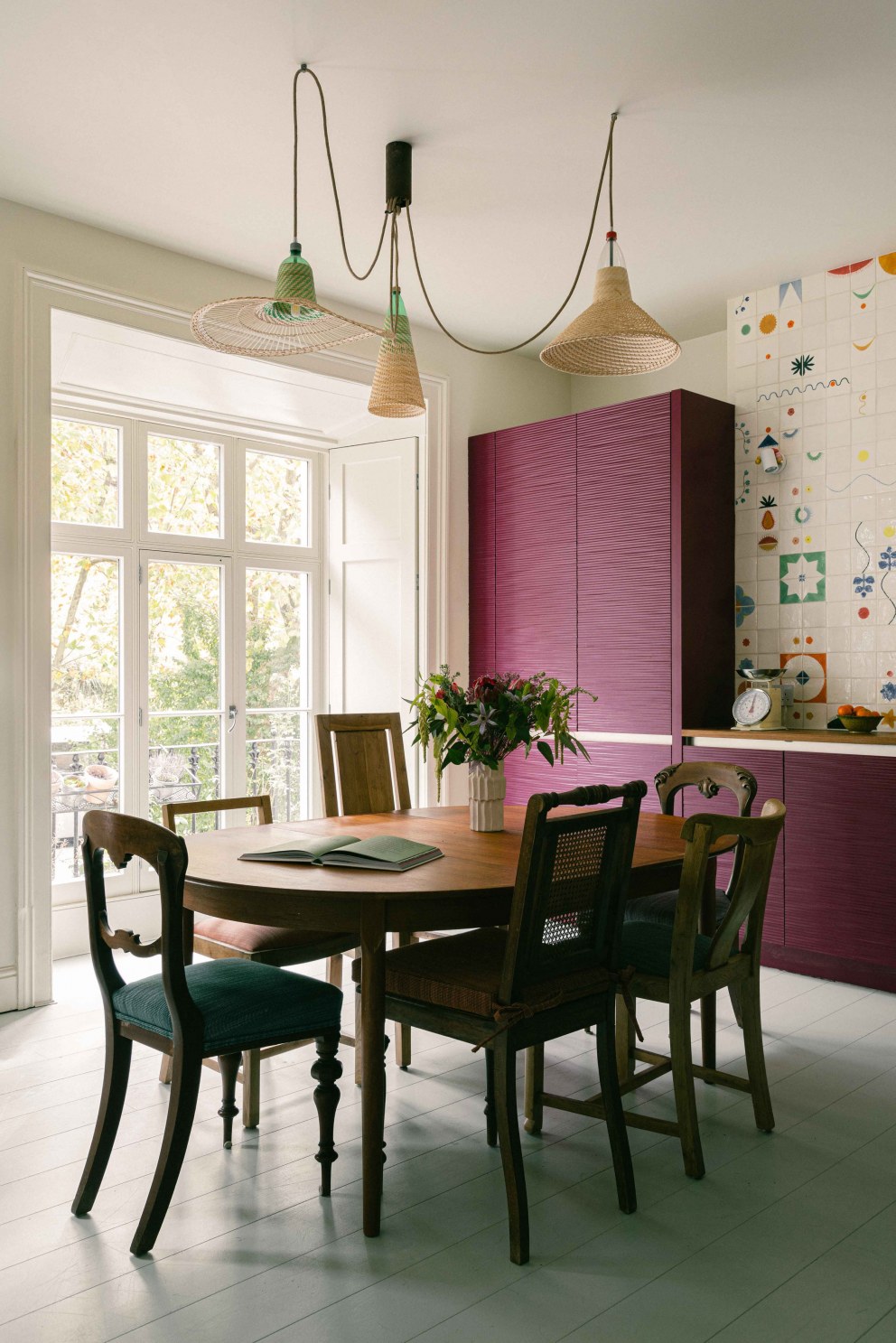 Victorian Terrace, Waterloo | Reclaimed kitchen cabinets and worktop with bespoke colourful wall tiles | Interior Designers